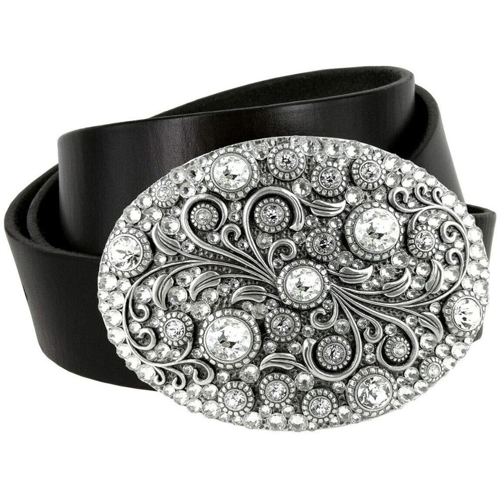 4'' x 3'' Men Genuine Leather Timeless Tranquility Rhinestone Floral Buckle